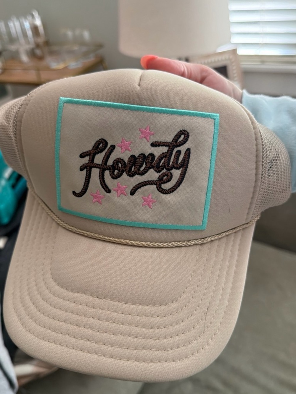 Howdy Embroidered Trucker Hat - Beige with Turquoise & Pink